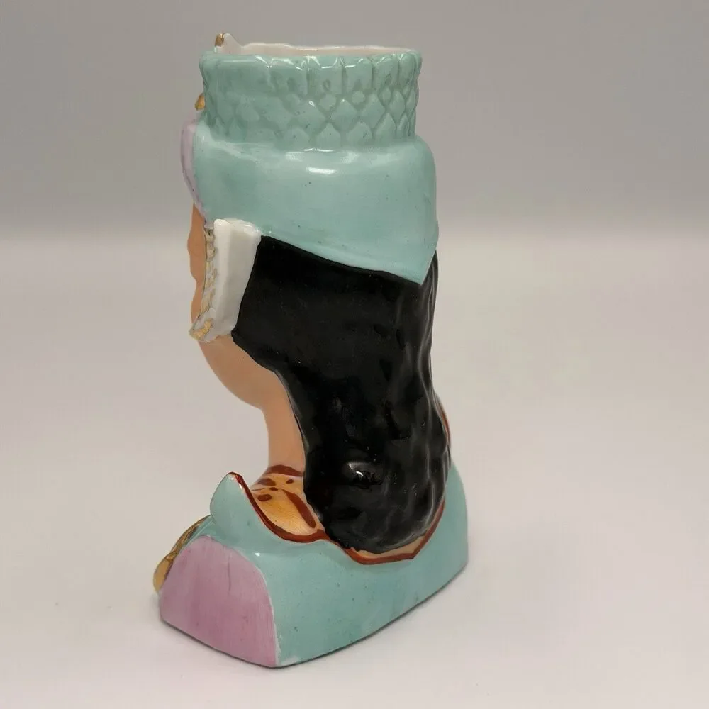 Vintage Asian Lady Head Mini Vase Celadon Jade Gold Japan Mid Century Japan 1950